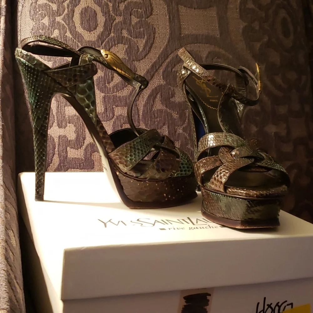 Yves Saint Laurent Green Brown Snakeskin Platform Heels